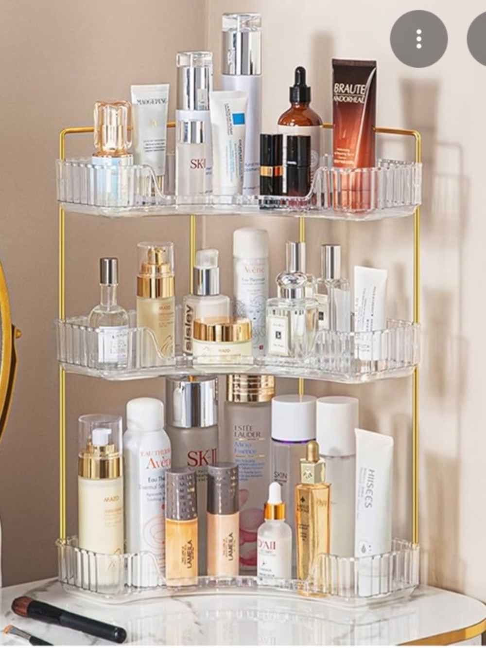 Clear Acrylic 3-Tier Cosmetic Organizer with Gold Frame - Clear